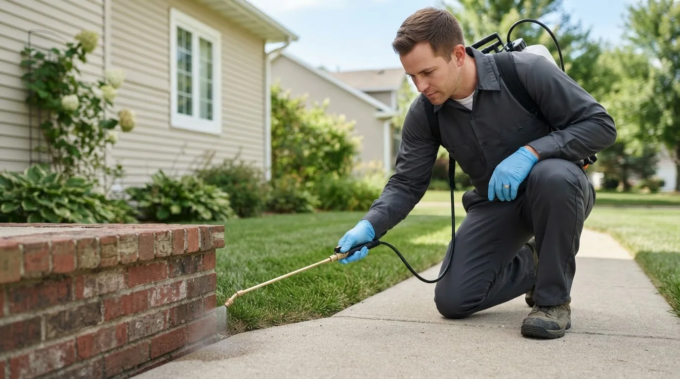 Pest control technician treating a home near Hubbard, IA