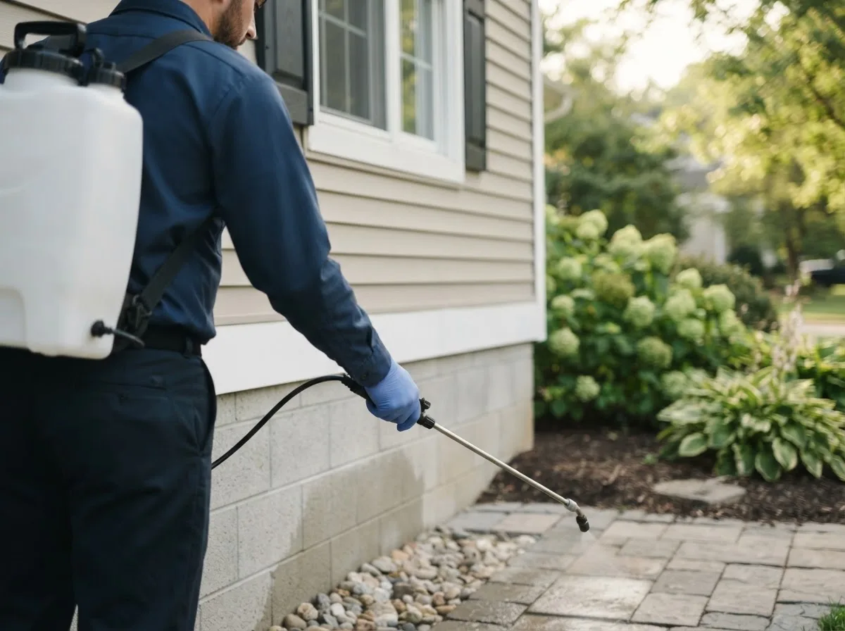 Pest control technician inspecting a home in Hubbard, IA